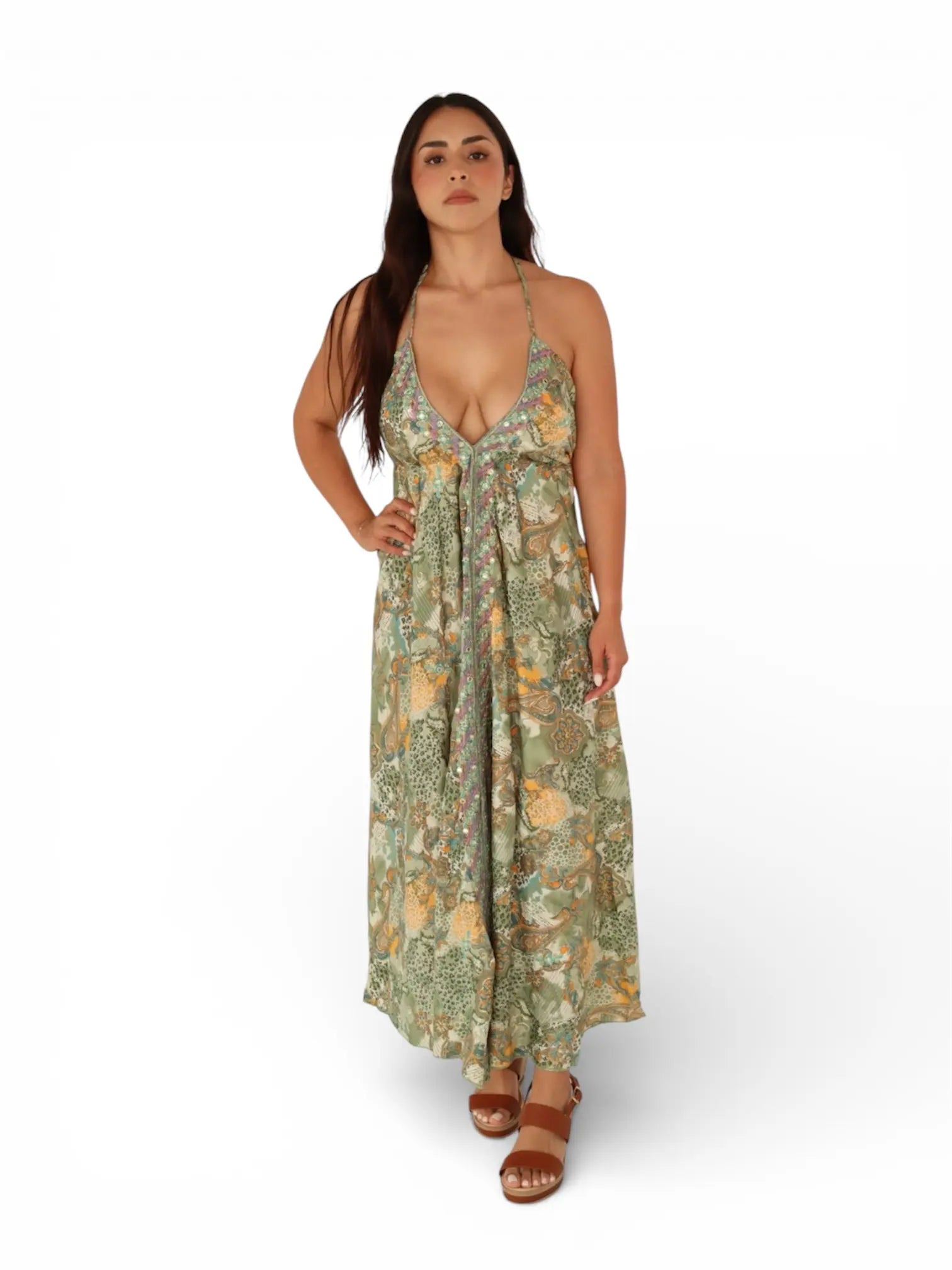 Vestido ajustable con estampados en tonos verdes