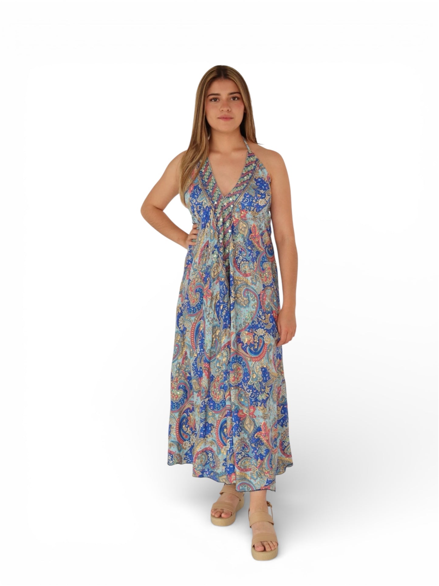 Vestido Maxi Boho Chic Ajustable con Estampados Paisley para Mujer