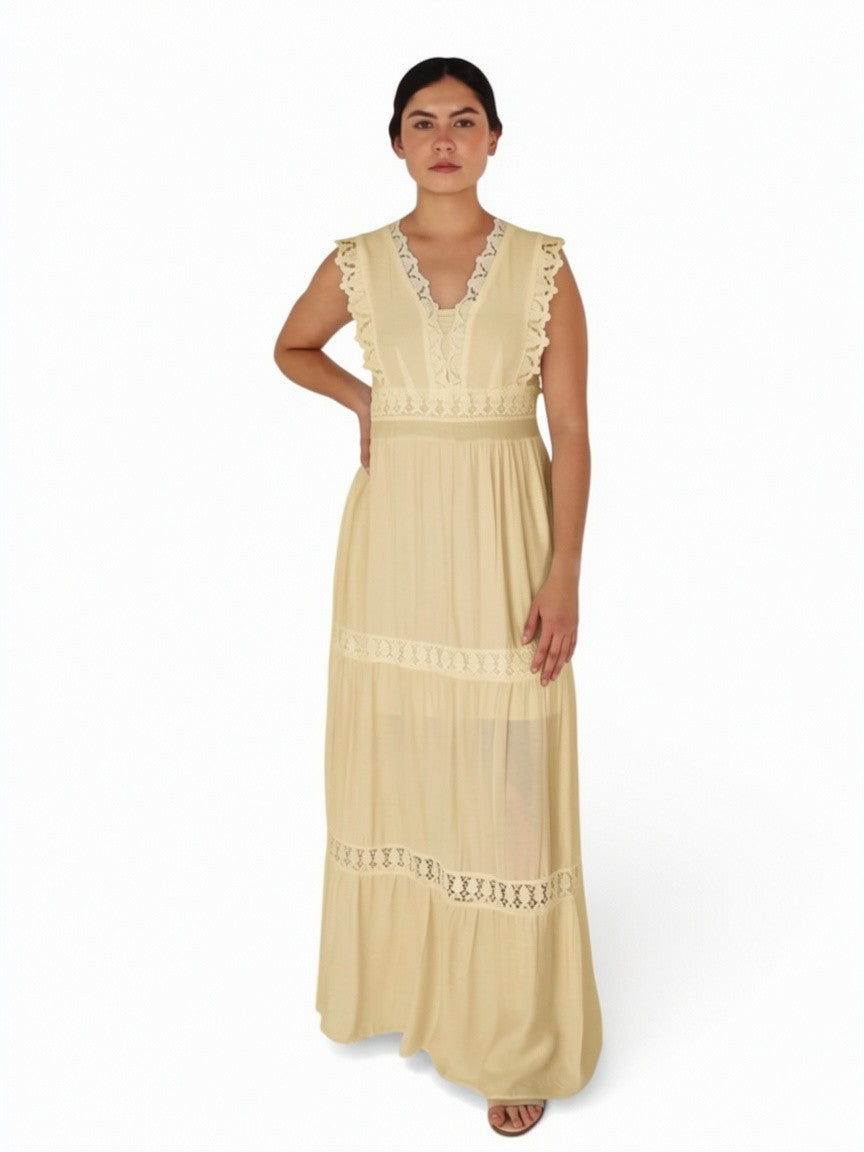 Vestido Largo con Escote en V y detalles para Mujer