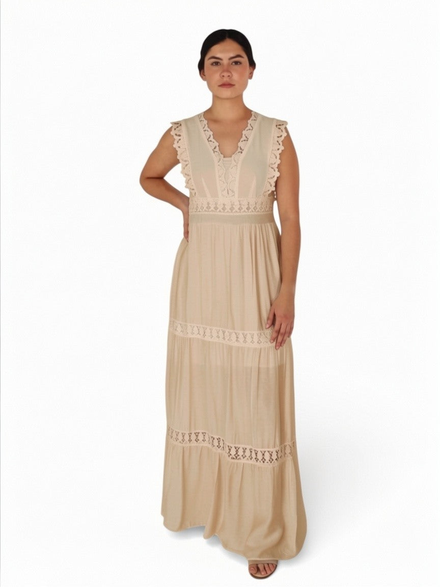 Vestido Largo con Escote en V y detalles para Mujer