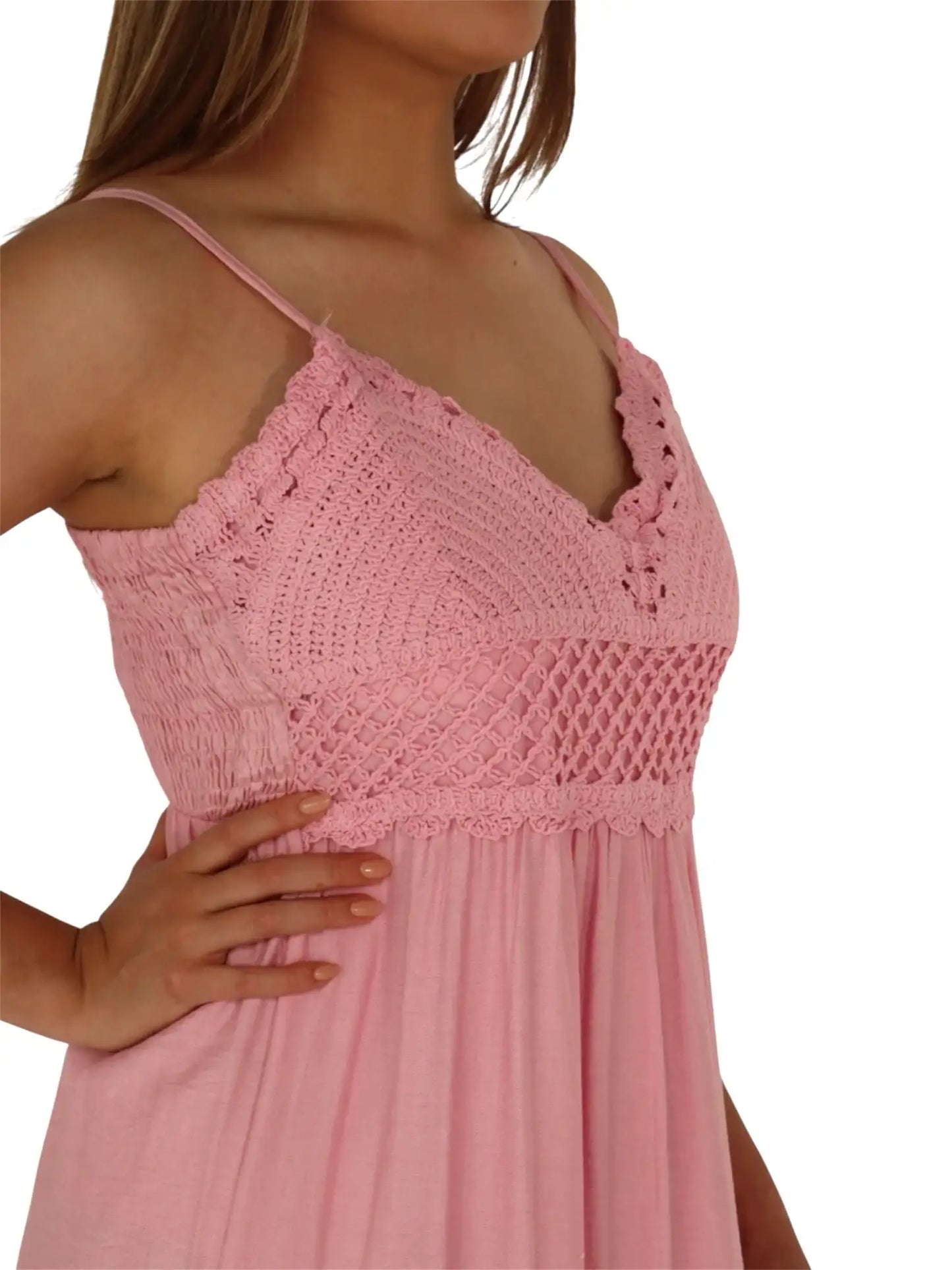 Vestido rosa de tirantes para mujer con top tejido tipo crochet, estilo fresco y casual