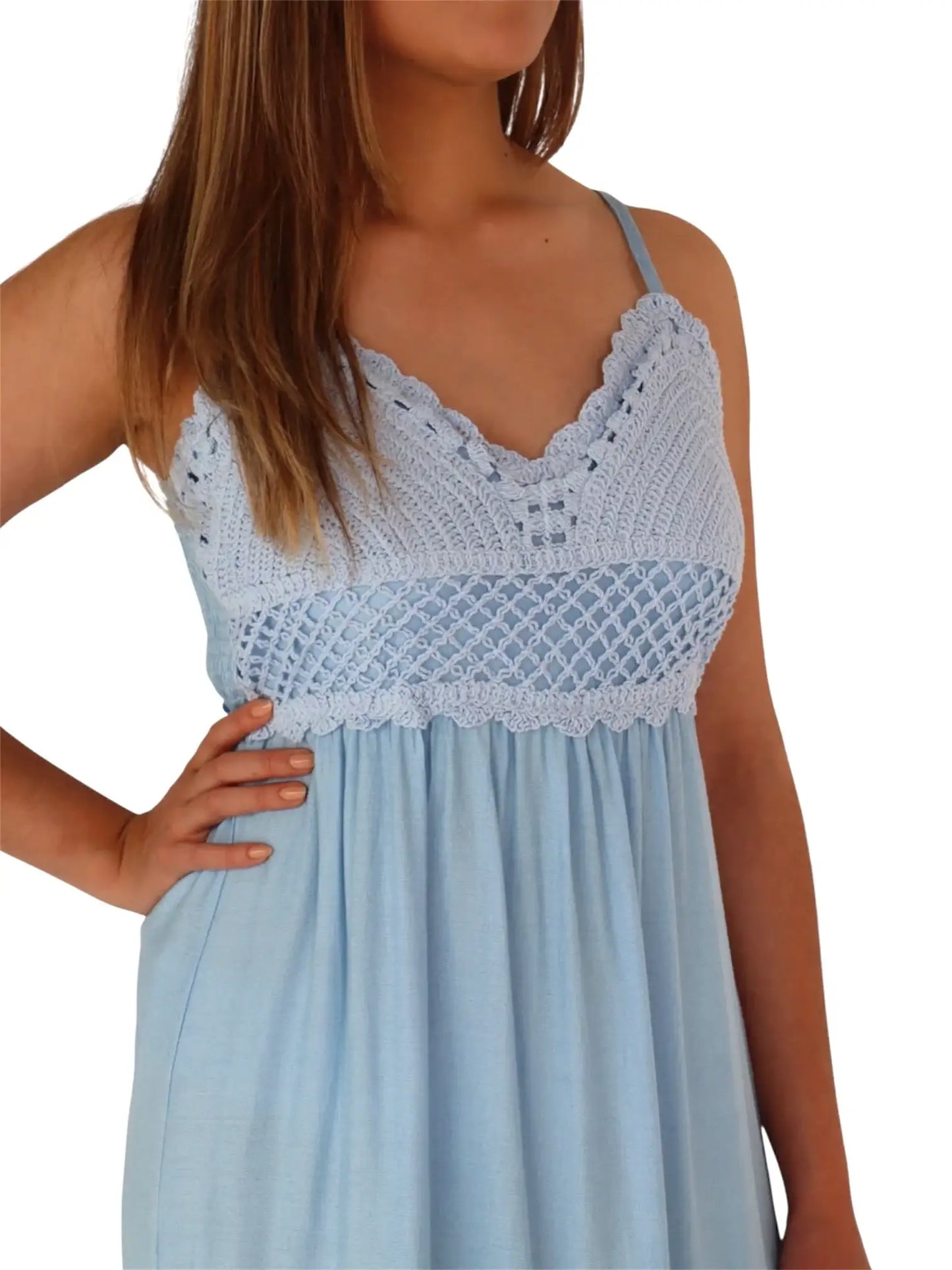 Vestido azul claro sin mangas con top tejido a crochet para mujer, estilo casual