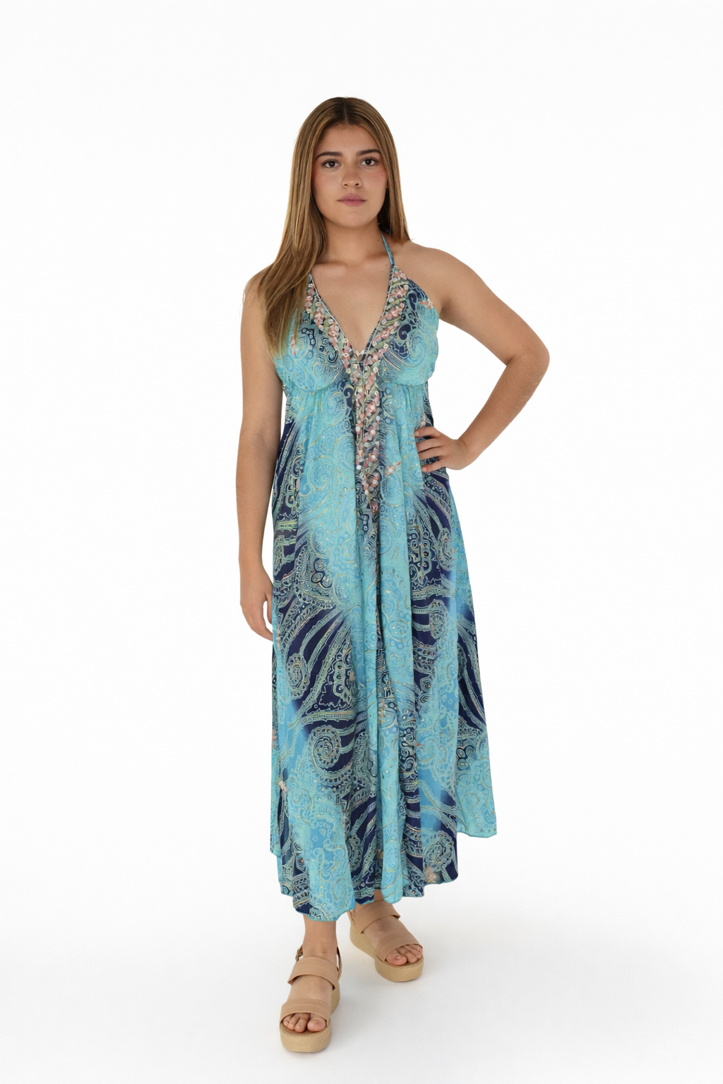 Vestido ajustable con estampados en tonos azules y marinos