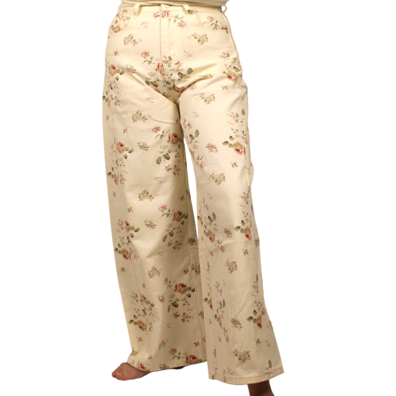 Pantalón denim crema con rosas