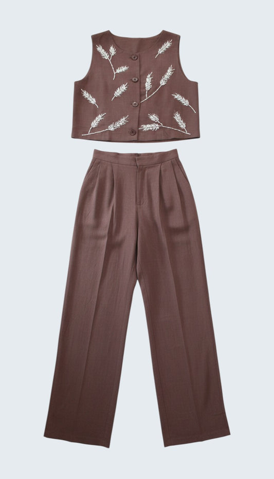 Conjunto de lino de crop top y pantalón de resorte