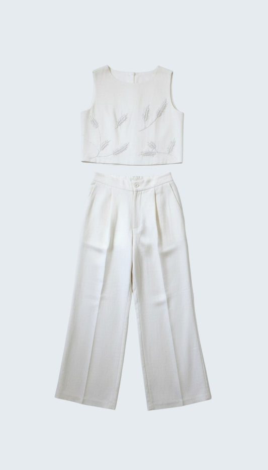 Conjunto de lino de crop top y pantalón de resorte