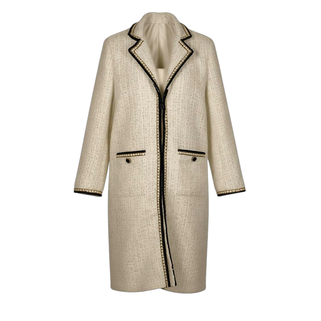 Abrigo largo de tweed blanco con detalles en negro