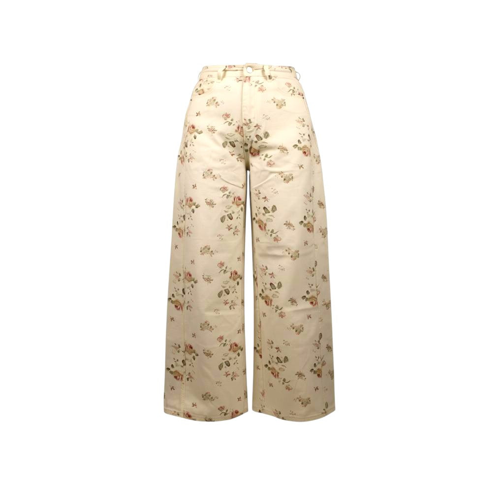 Pantalón denim crema con rosas