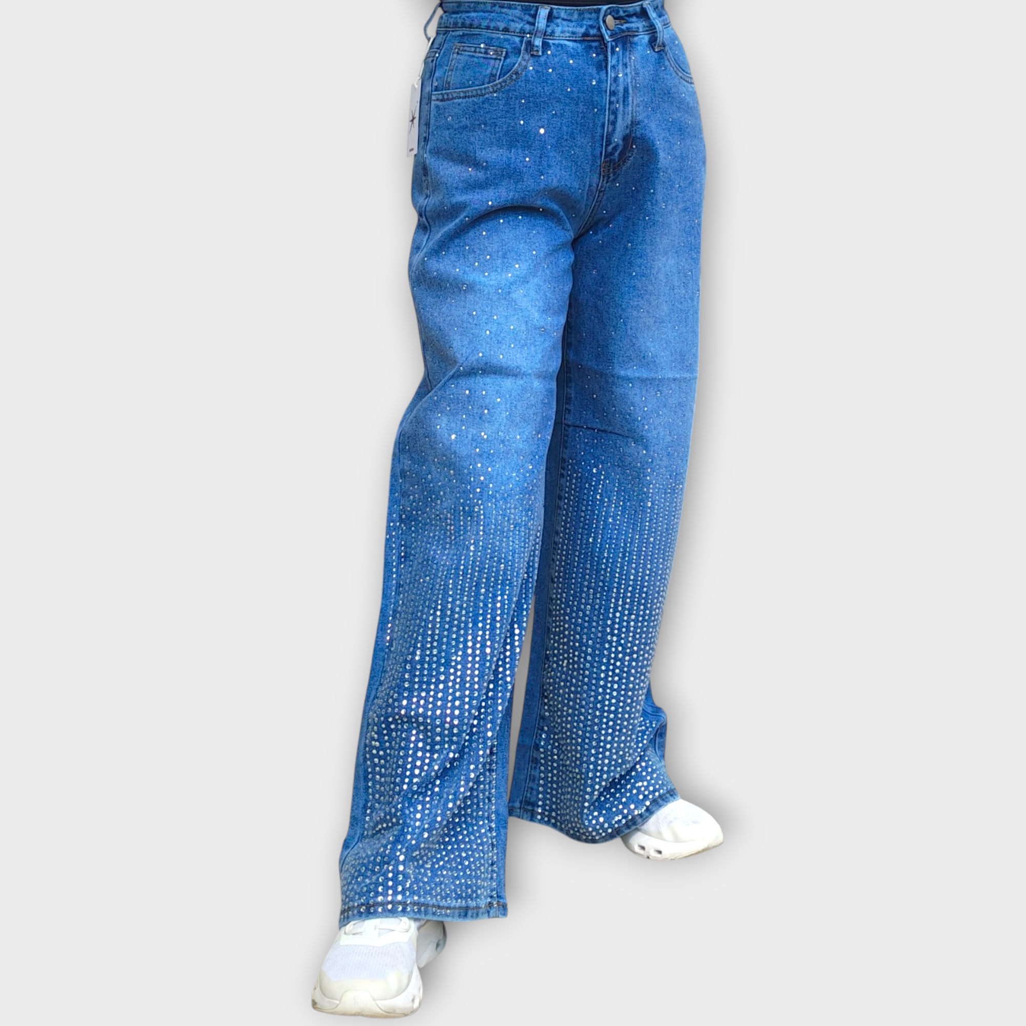 Pantalón denim con líneas de brillos