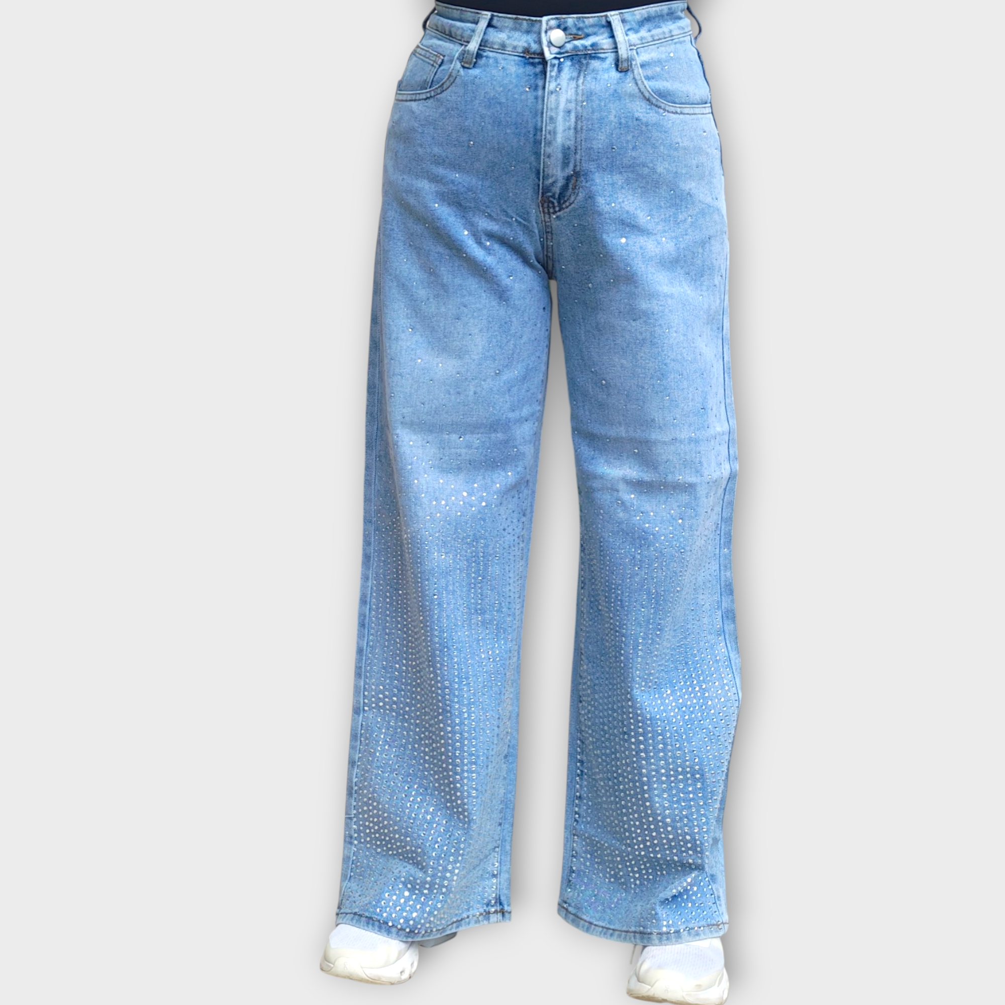 Pantalón denim con líneas de brillos