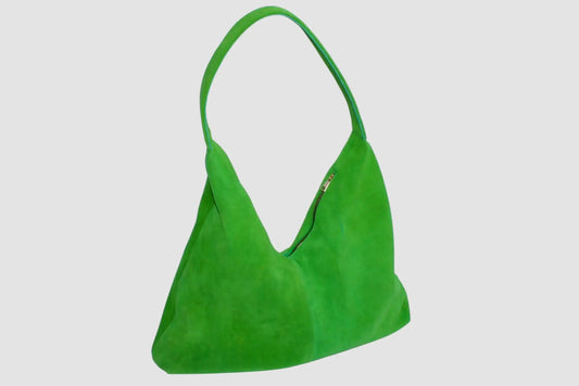 Bolsa de mano verde con diseño moderno y cierre, moda femenina minimalista