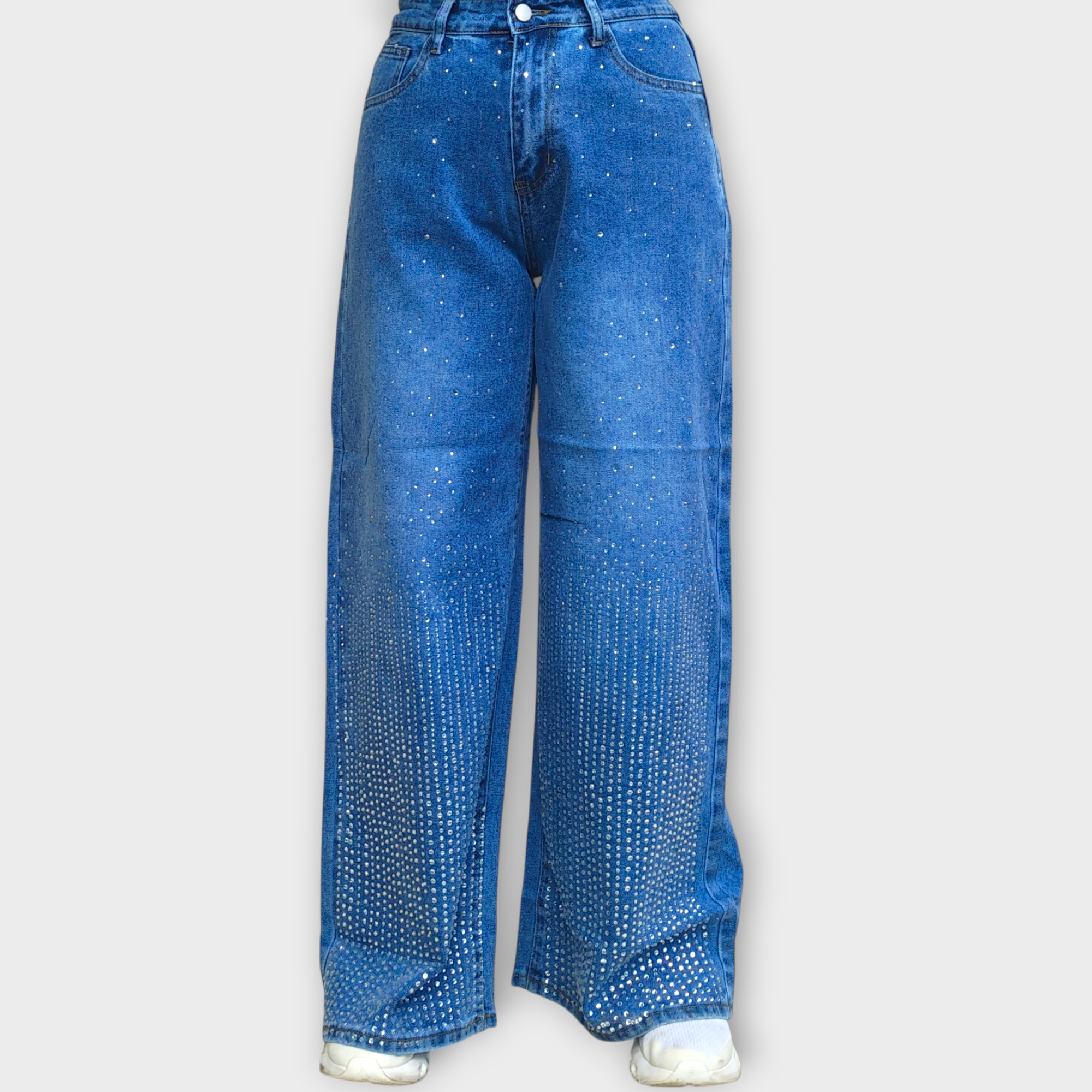 Pantalón denim con líneas de brillos