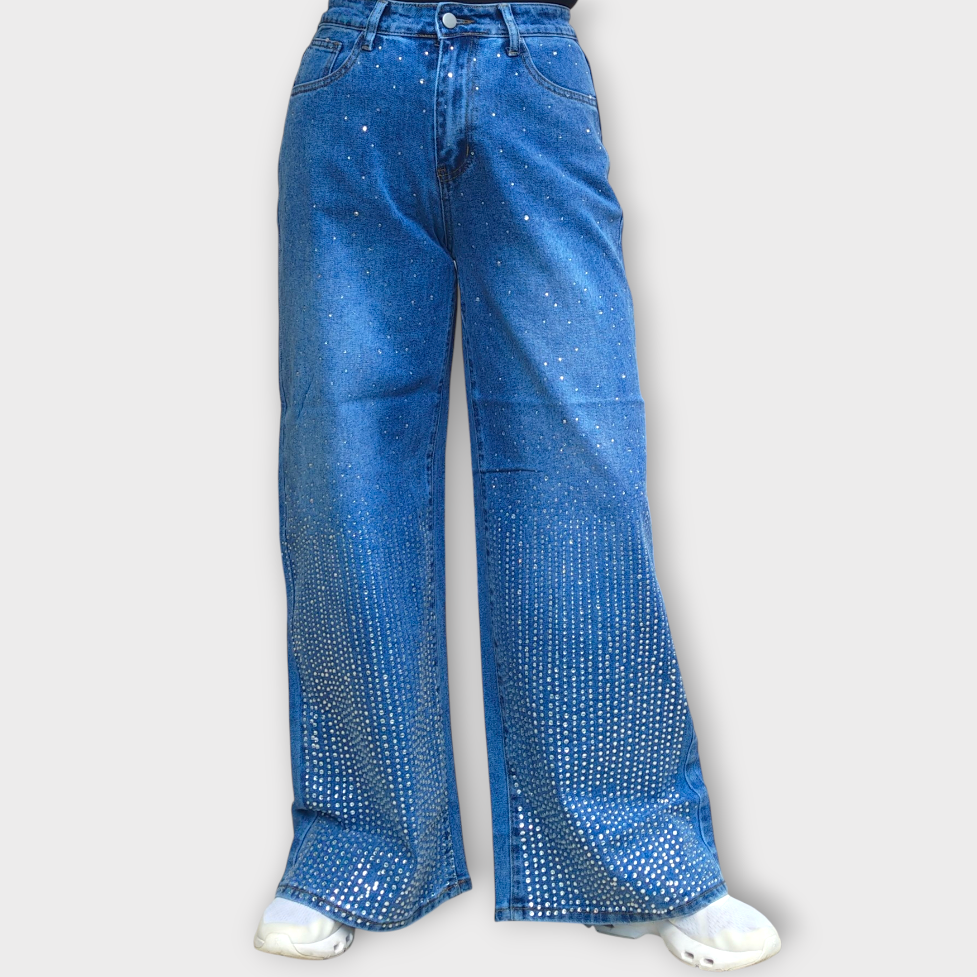 Pantalón denim con líneas de brillos